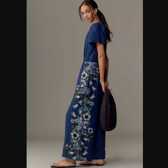 New SP By Anthropologie The Somerset linen printed jumpsuit in blue S Petite